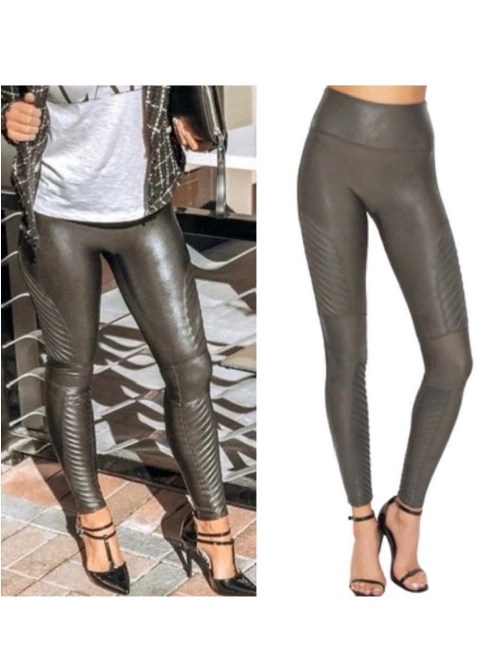 Spanx Olive Green Moto Detail Faux Leather Stretch Leggings, size S